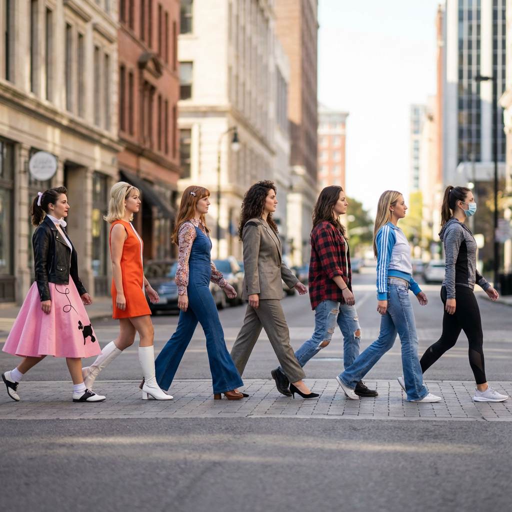 Women walking in different fashion styles from different decades