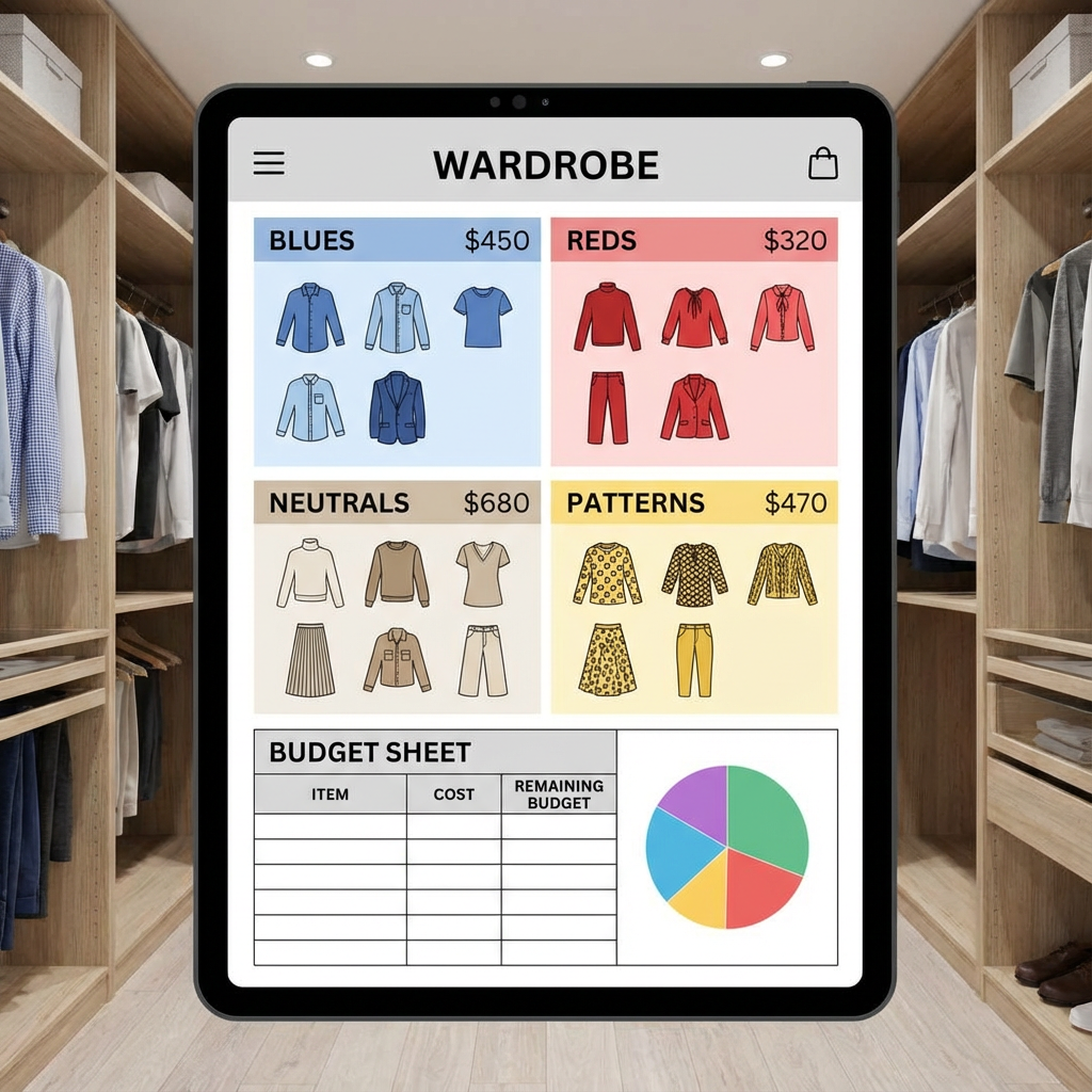 Digital wardrobe app showing closet analytics and budget tracking