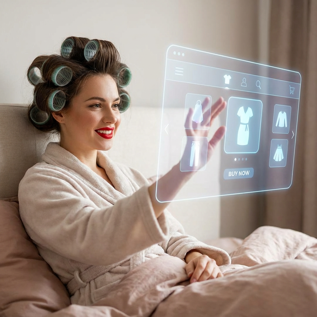 Woman using virtual try-on technology on tablet